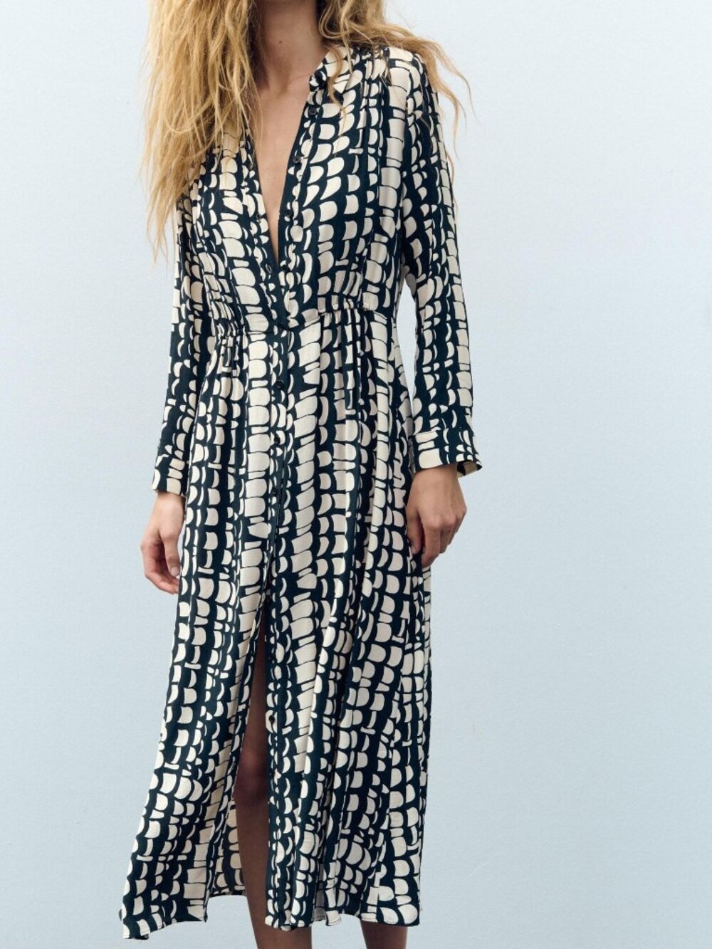 ZARA Long Print Shirt Dress Black White Lapel Elastic Waist XL NWT MSRP $69.90